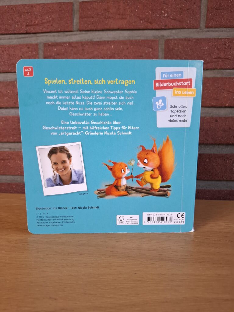 Rückseite des Geschwisterbuchs von Ravensburger mit Inhaltsbeschreibung, ab 2 Jahren
