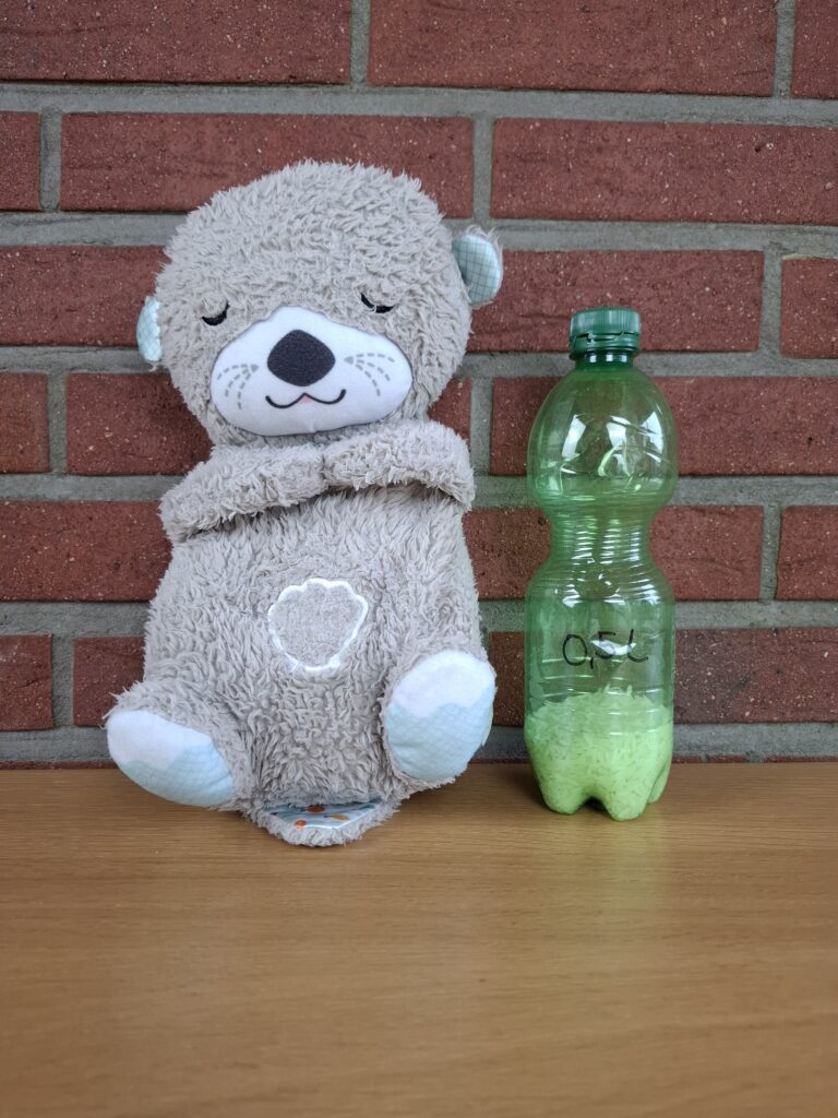 Schlummer-Otter neben einer 0,5-Liter-Flasche als Größenvergleich
